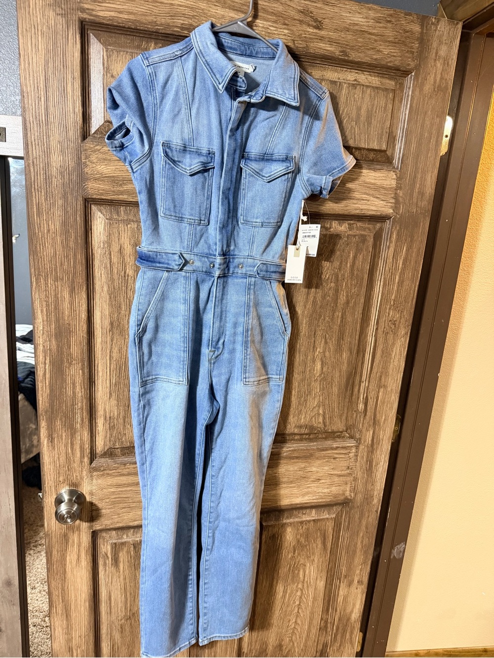 Good American Light Blue Denim Short Sleeve Jumpsuit